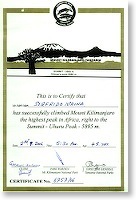 Tanzania - Kilimanjaro - certificato Sigfrido