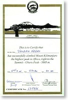 Tanzania - Kilimanjaro - certificato Valeria